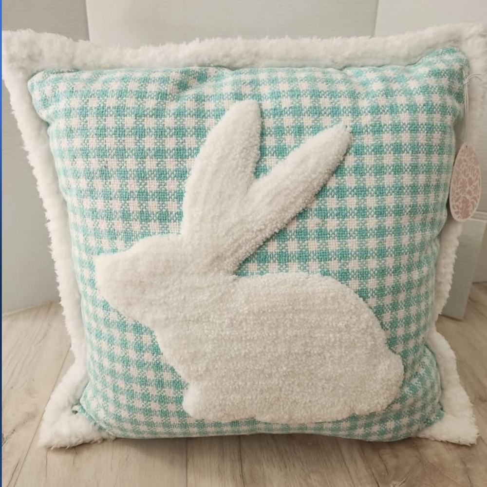 Plaid Pillow with White Bunny Design
